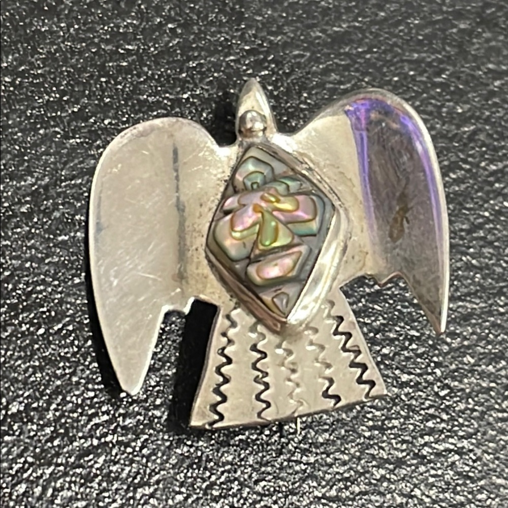 Sterling CARVED ABALONE EAGLE BROOCH real solid Silver Fine Jewelry Vintage